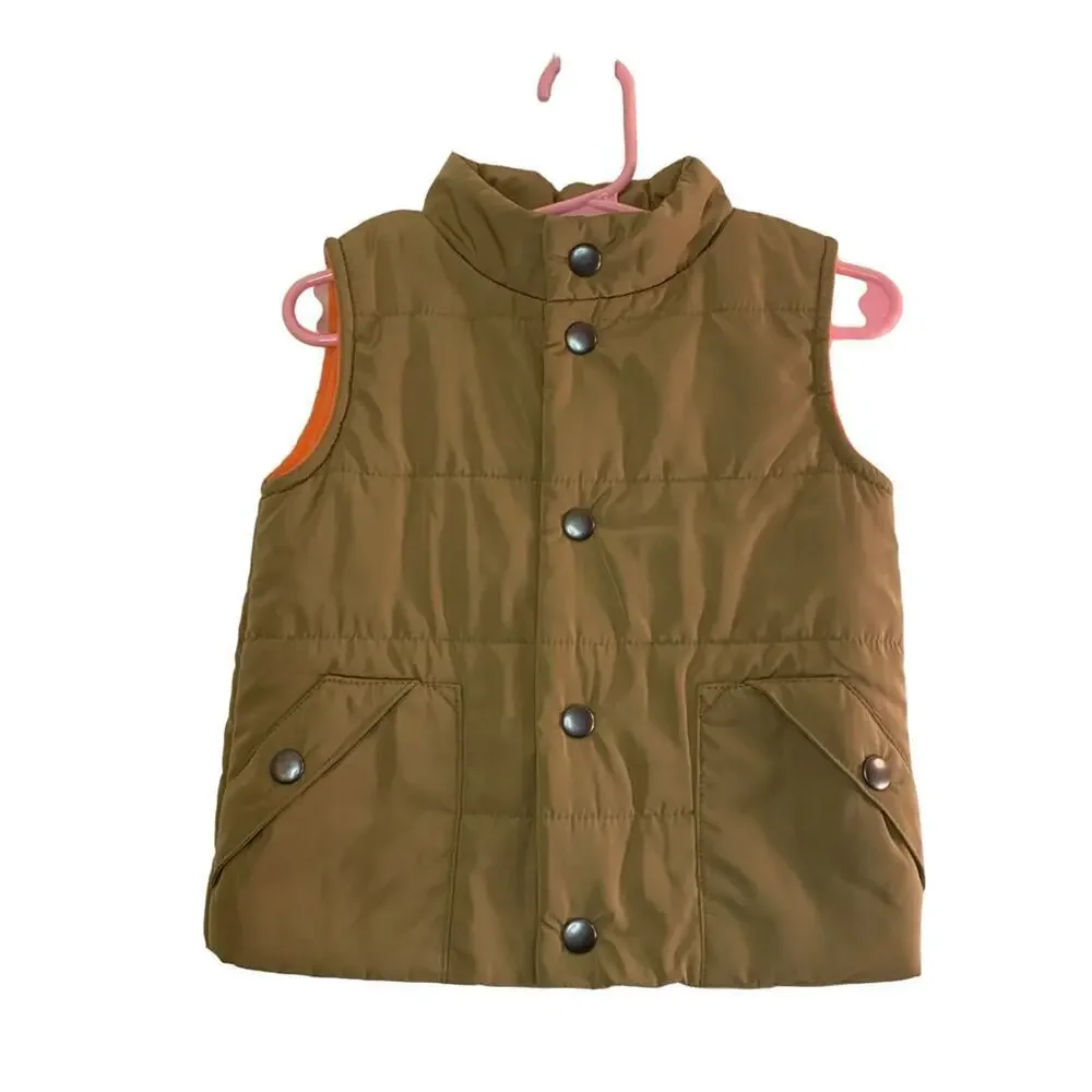 OSHKOSH B’GOSH Boy’s Tan with Orange Fleece Lining Snap Up Vest / Size: 18 Mos